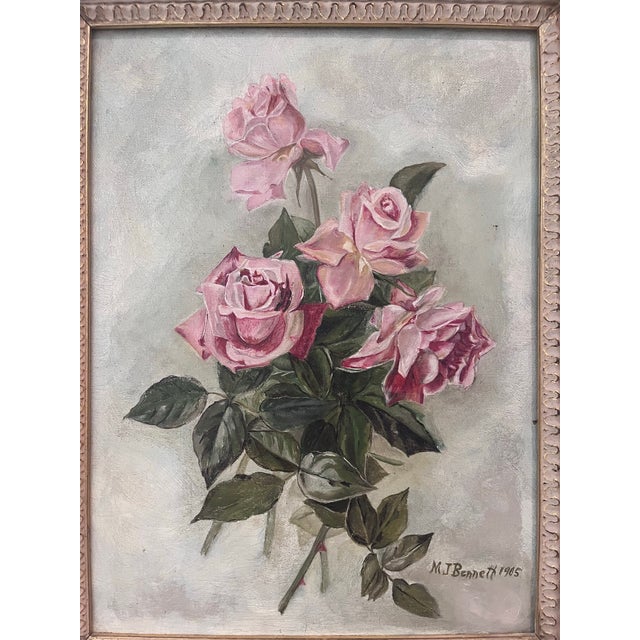 1900 - 1909 Antique Style Signed Floral Oil Painting of Pink Roses by M. J. Bennett, Dated 1905 For Sale - Image 5 of 8