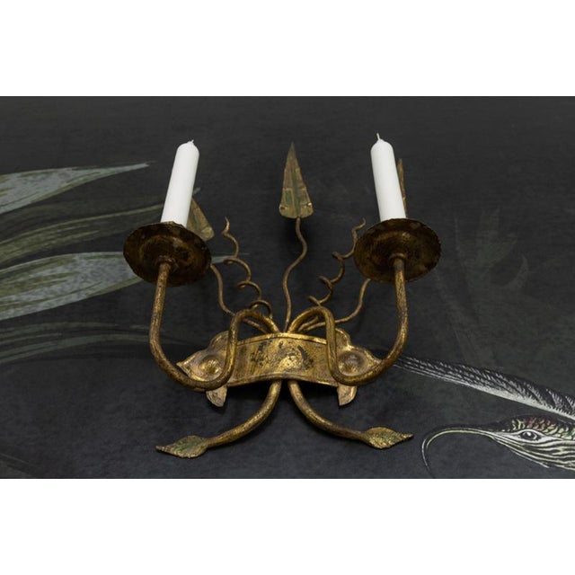 Spanish Gilt Iron Medieval Revival Style Two-Arm Candle Wall Sconce, ca. 1950s For Sale - Image 4 of 18