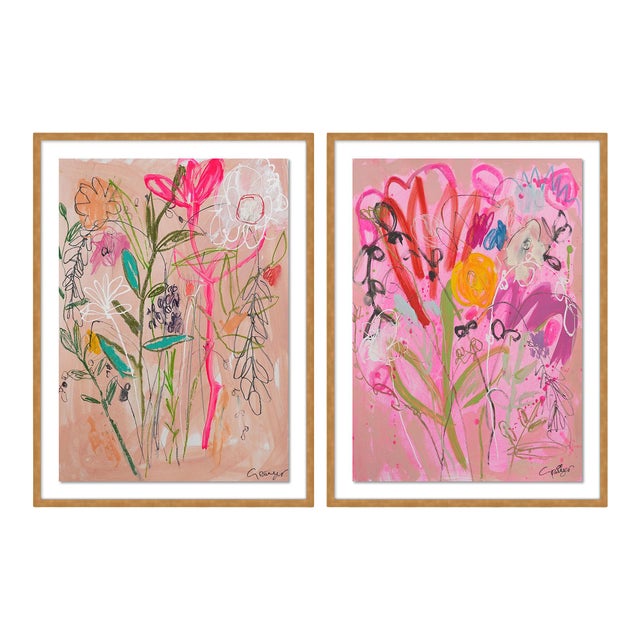 Wildflower Bouquet Diptych by Lesley Grainger in Gold Frame, Medium Art Print For Sale