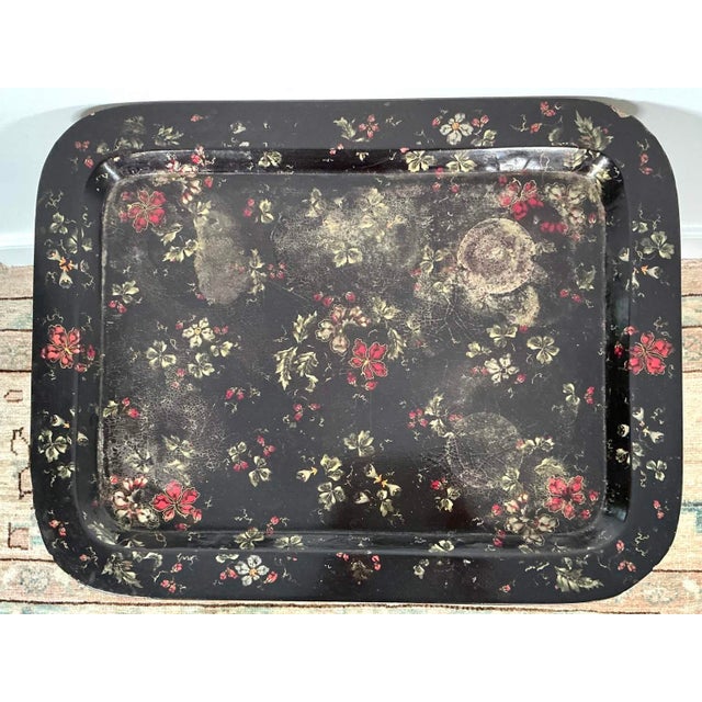 Black Antique English Paper Mâche Floral Tray Table For Sale - Image 8 of 11