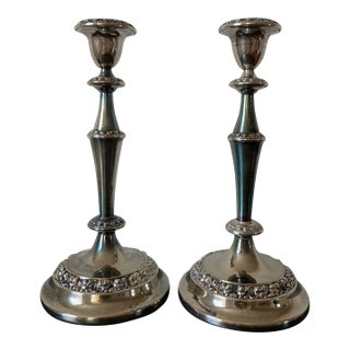 English Georgian Design Silver Plate Tall Candlesticks- A Pair For Sale