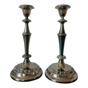 English Georgian Design Silver Plate Tall Candlesticks- A Pair