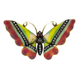 Late 20th Century 18k Diamond & Enamel Butterfly Brooch For Sale