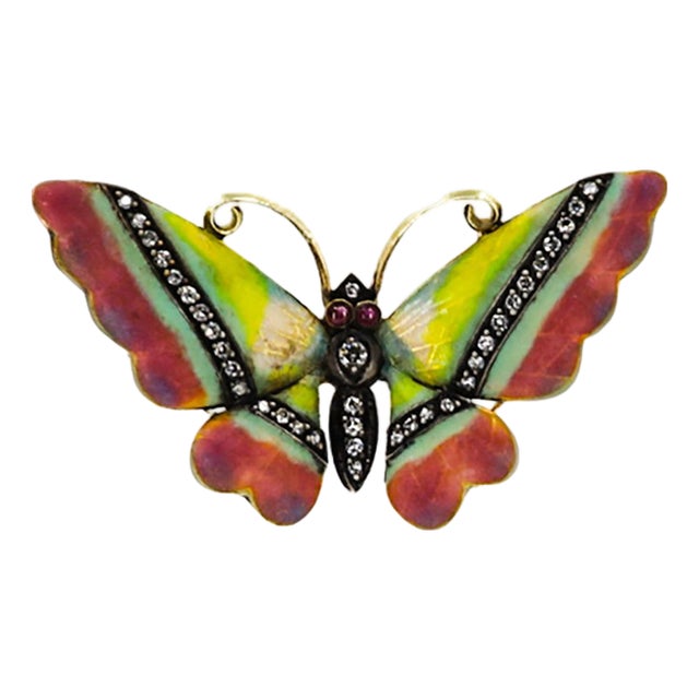 Late 20th Century 18k Diamond & Enamel Butterfly Brooch For Sale