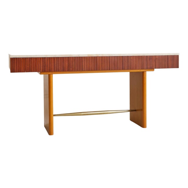 Italian Travertine + Slatted Wood Console Table with Brass Stretcher, 1970s For Sale