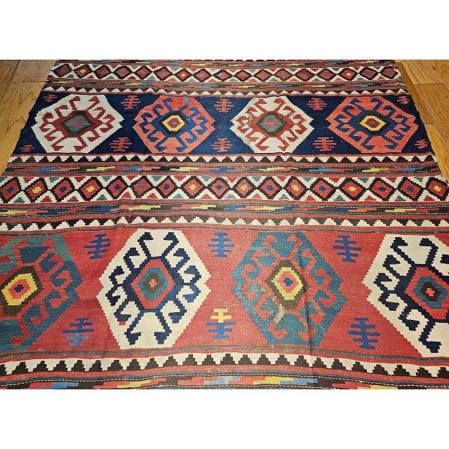 19th Century Caucasian Kazak Kilim, Geometric Pattern, Wool Flatweave, Blue & Green, 7' X 12' For Sale - Image 14 of 18