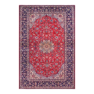 Retro Persian Kashan Red/Blue Wool Rug - 9'9'' X 15'11'' For Sale