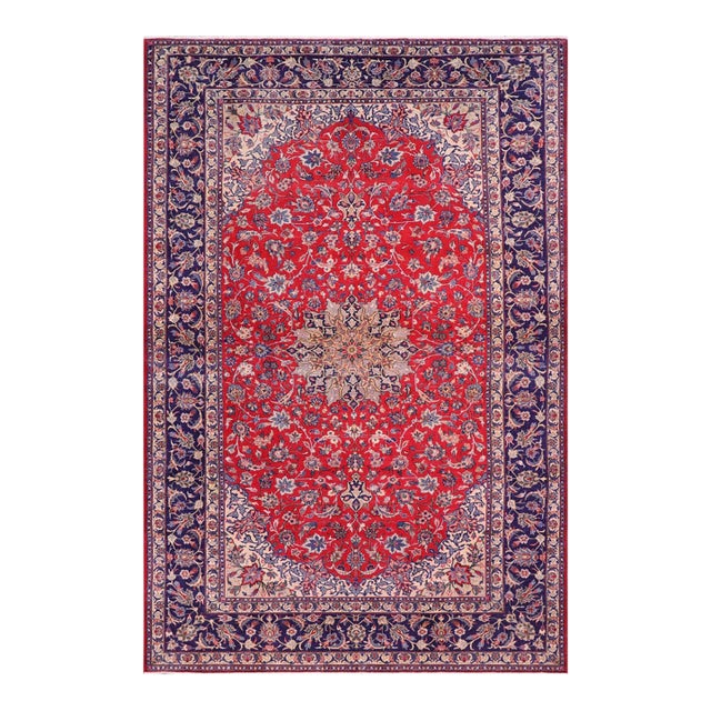 Retro Persian Kashan Red/Blue Wool Rug - 9'9'' X 15'11'' For Sale