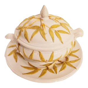 Vintage Ceramic Faux Bamboo Design Fitz and Floyd Style Regency Platter Soup Tureen Set- 3 Pieces