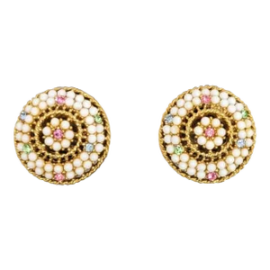 Vintage 1960s Signed Kramer Round Goldtone White & Pastel Rhinestone Clip Earrings - 2 Pieces