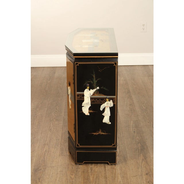Chinoiserie Decorated Black and Gold Lacquer Glass Top Console Cabinet For Sale - Image 11 of 12