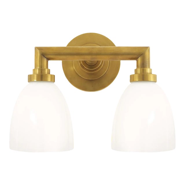 Chapman & Myers for Visual Comfort Signature Wilton Double Bath Light in Hand-Rubbed Antique Brass with White Glass For Sale
