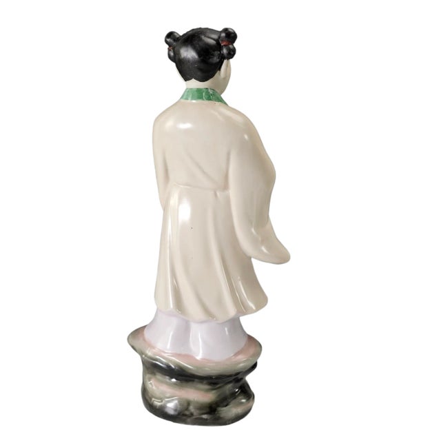 Ceramic Chinese Laughing Lady Holding Basket Statue Figurine For Sale - Image 7 of 11