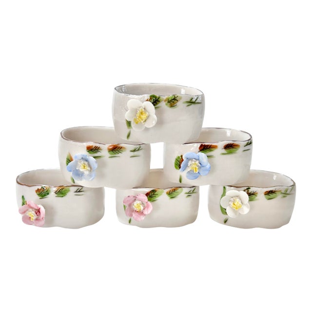 Vintage Shafford Hand-Painted Porcelain Napkin Rings With Applied Flowers – Set of 6 Cottage Tabletop Decor For Sale