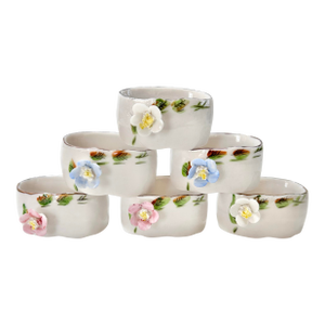 Vintage Shafford Hand-Painted Porcelain Napkin Rings With Applied Flowers – Set of 6 Cottage Tabletop Decor