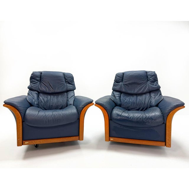 Vintage Adjustable Swivel Chairs in Blue Leather and Beech from Ekornes Stressless, 1980s, Set of 2 For Sale - Image 10 of 17