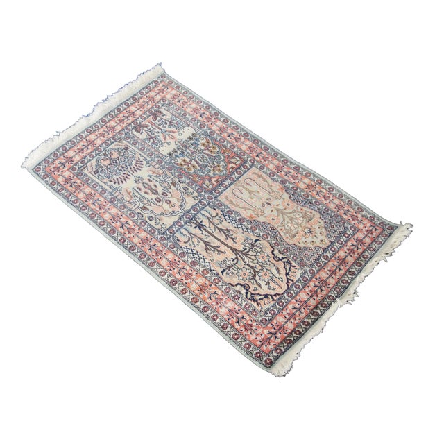 Vintage Indian silk area rug / carpet / mat hand-knotted in Kashmir featuring the garden pattern medallion design. Indian...