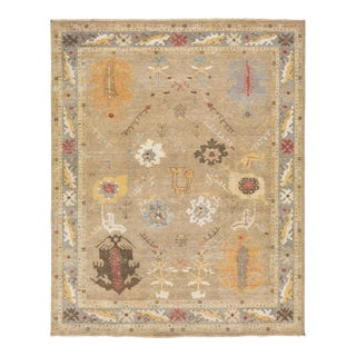 Room Sized Modern Floral Oushak Style Brown Wool Rug in a 12 X 15 For Sale