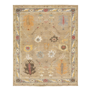 Room Sized Modern Floral Oushak Style Brown Wool Rug in a 12 X 15