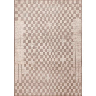 Neutral Cream Grey Tribal Checkboard Design Modern Area Rug For Sale