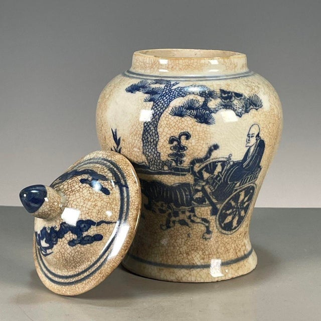 White Chinese Blue & White Crackle Glaze Porcelain Covered Jar With Figural Scene For Sale - Image 8 of 9