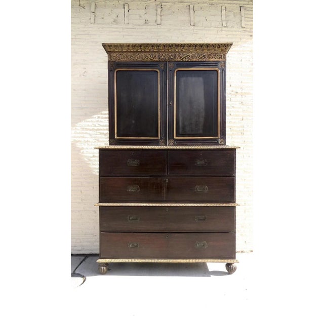 Anglo Indian Cupboard Linen Press Rosewood Carved Painted Detail 19th Century For Sale - Image 9 of 10