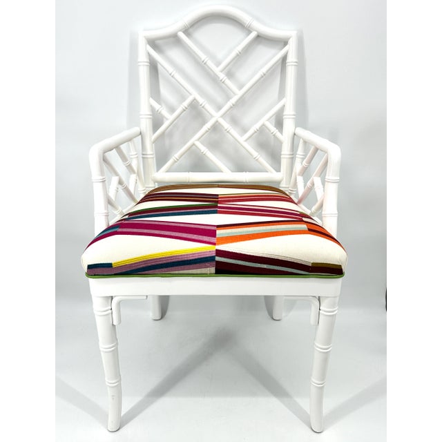 Chippendale Faux Bamboo Chippendale Style White Pierre Frey Carriacou Chair Pair For Sale - Image 3 of 10