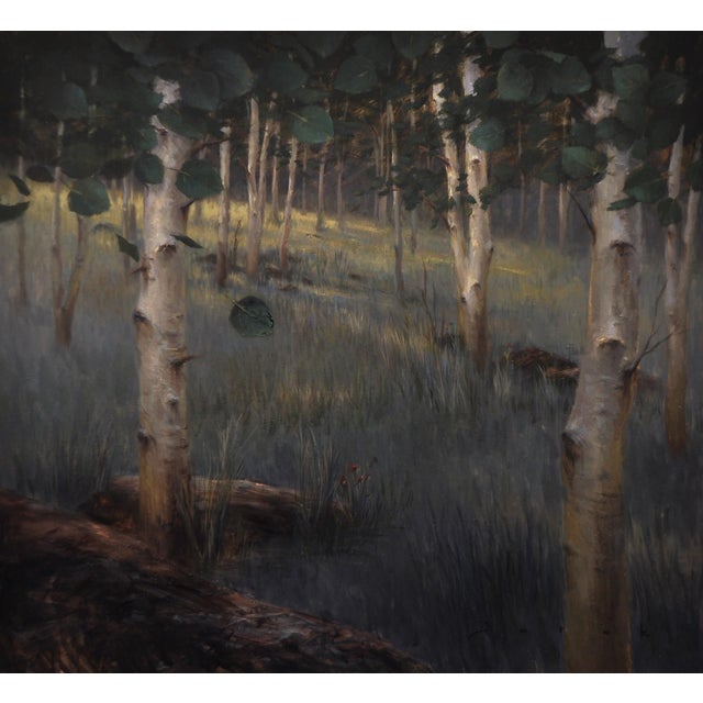 In "Shady Grove," a tranquil forest scene unfolds, characterized by slender trees that rise gracefully through a soft,...