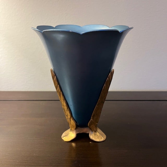 Art Deco style conical blue coated copper antique vase atop a triple-footed leaf design bronze holder. Marks: McClelland...