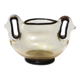 Vintage Murano Barovier Toso Rare Purple Trim Gold Flecks Italian Art Glass Ornate Pierced Double Handle Vase For Sale