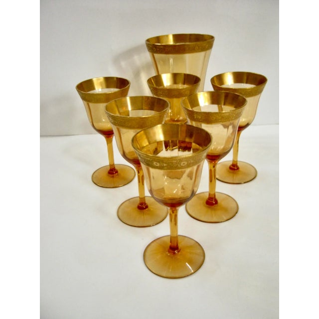 Amber 1940s Amber & Gold Cordial Stems & Large Goblet Set- 7 Pieces For Sale - Image 8 of 8