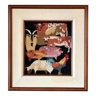 1994 Boho Farm Animal Framed Needlepoint With Black Background For Sale