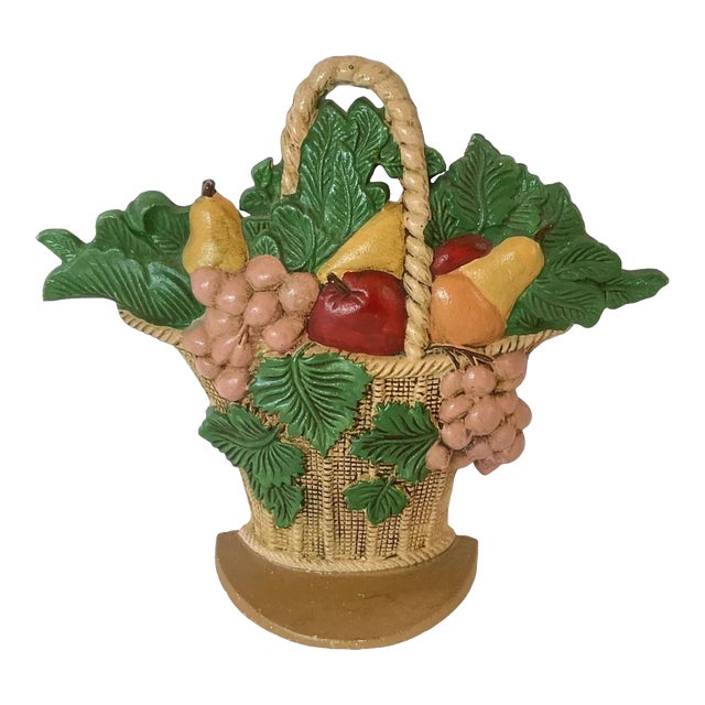 Late 20th Century Basket of Fruit Painted Vintage Cast Iron Doorstop For Sale
