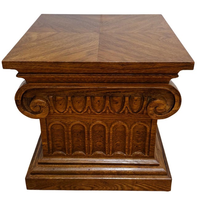 Wood 1960 Vintage Drexel Guildhall Neoclassical Oak Pedestal End Tables - A Pair For Sale - Image 7 of 17
