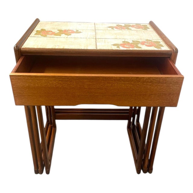 Brown 1970s Vintage Mid-Century Modern Nesting Tables With Tile Top and Drawer - Set of 3 For Sale - Image 8 of 10