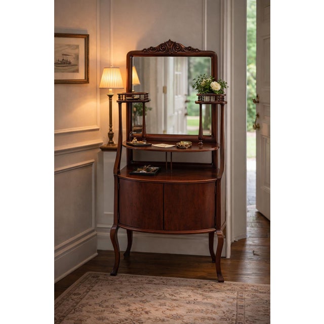 Mid 20th Century Vintage Mahogany Vanity Washstand With Mirror and Gallery Shelves – 58” Tall For Sale - Image 5 of 7