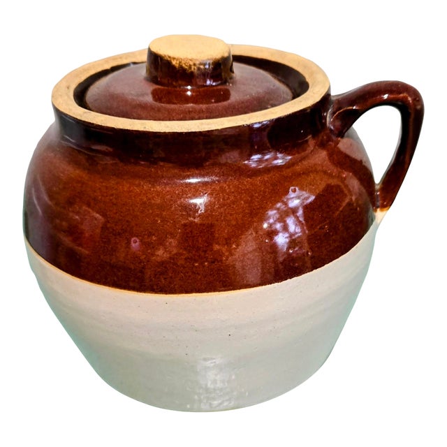 Antique Robinson Ranbottom Blue Crown #2 Stoneware Bean Pot #2 With Lid and Handle For Sale