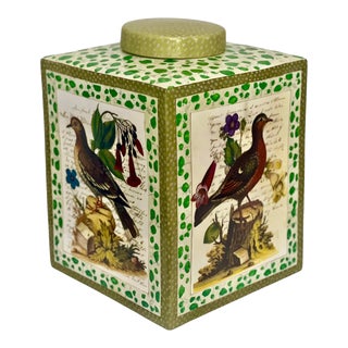 20th Century John Derian Large Square Porcelain Lidded Jar With Birds and Foliage For Sale