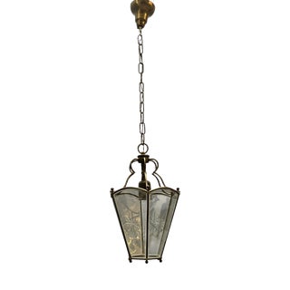 Vintage Brass Etched Glass Latern Pendant Light, 1950s For Sale