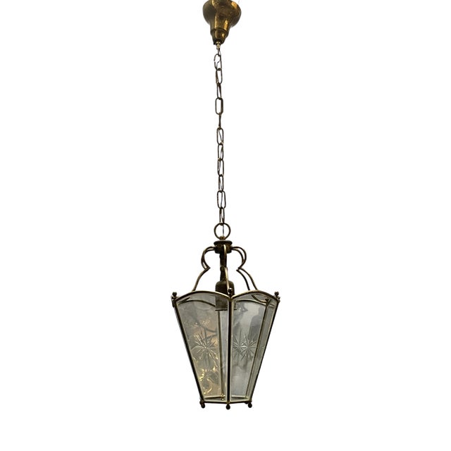 Vintage Brass Etched Glass Latern Pendant Light, 1950s For Sale
