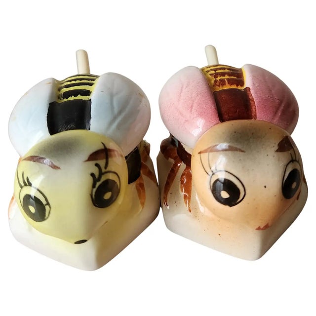 1950s adorable 2 Bumble Bee Honey Pots each with original serving spoon condiment server salt cellars jam spread spices...