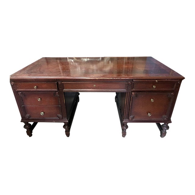 Antique Library Desk With File Cabinet Drawers and Letter Extension For Sale