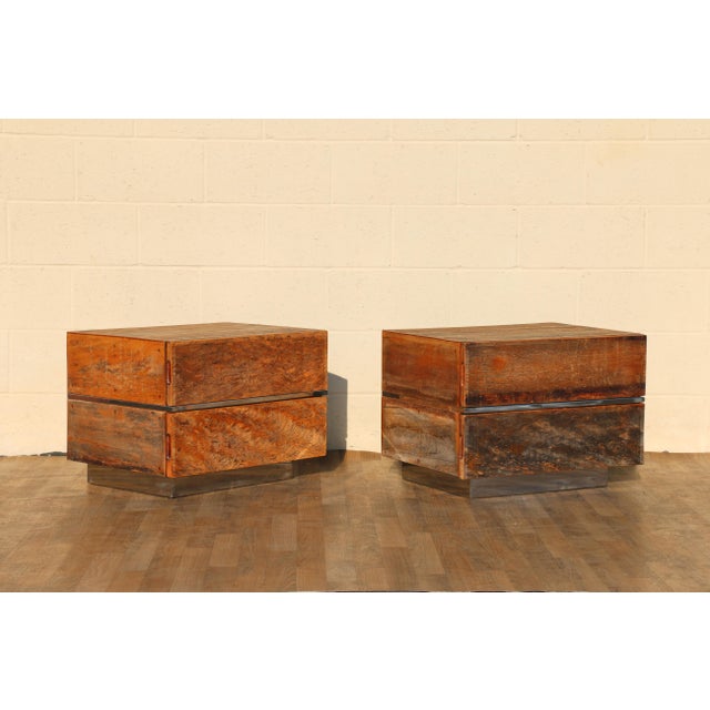 Vintage Rustic Modern King Size Platform Bed Frame With Headboard & Matching Nightstands | Solid Wood & Chrome Bedroom Set For Sale - Image 14 of 18