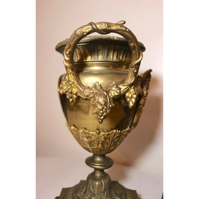 1930s Pair of Antique Ornate Gilt Bronze Porcelain Painting Urn Vase Garniture Ewer For Sale - Image 9 of 12