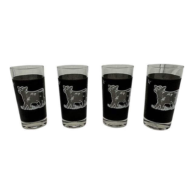 Vintage Cow & Butterfly Textured Black & White Juice Glasses Set of 4 For Sale