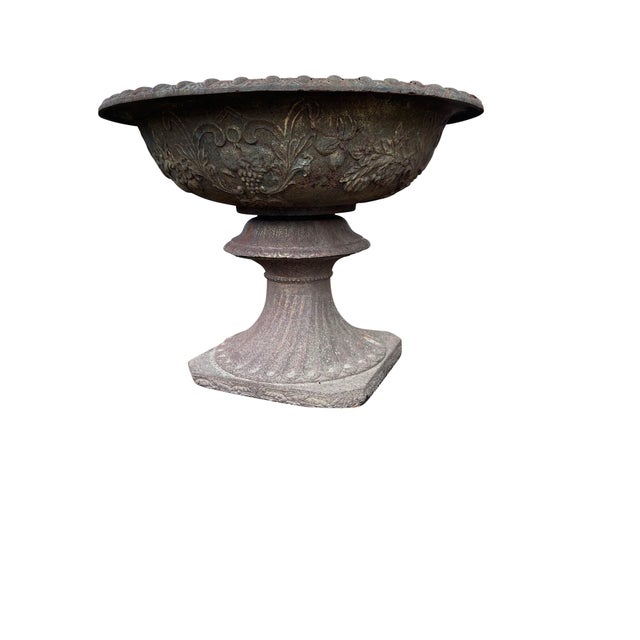 Mid 20th Century Mid 20th Century Monumental Cast Iron Urns with Foliate and Grape Design - A Pair For Sale - Image 5 of 18