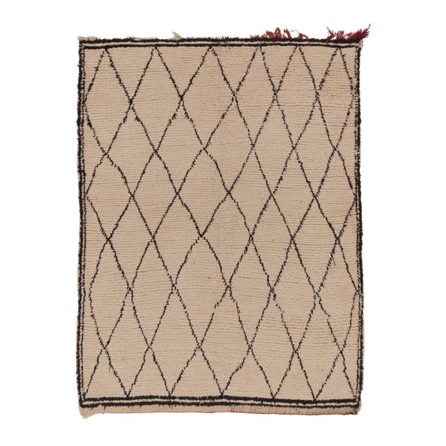 Vintage Moroccan Rug With Tribal Diamond Grid in Beige & Black - Rug & Kilim For Sale