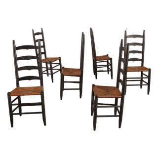 Set of 6 Antique Shaker Ladder Back Dining Chairs | Ebonized Wood, Hand-Woven Rush Seats For Sale