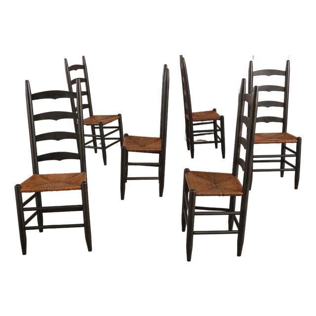 Set of 6 Antique Shaker Ladder Back Dining Chairs | Ebonized Wood, Hand-Woven Rush Seats For Sale