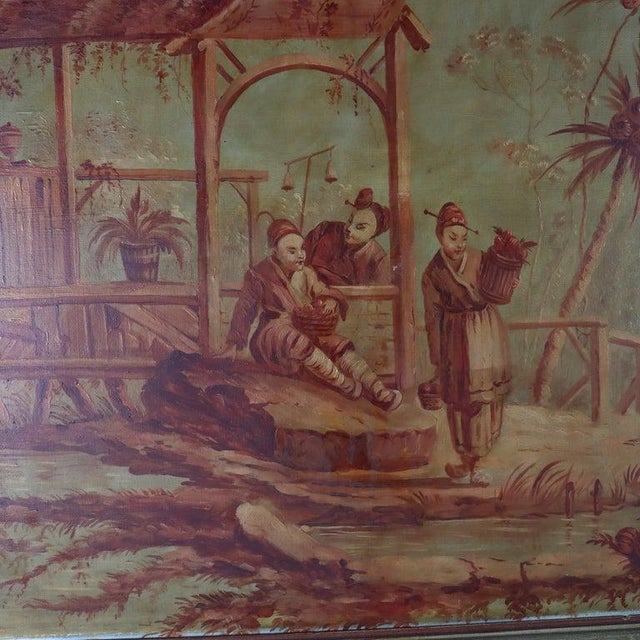 Textile 74" French Trumeau Mirror With Oil on Canvas Chinese Genre Scene Painting 19thC For Sale - Image 7 of 16
